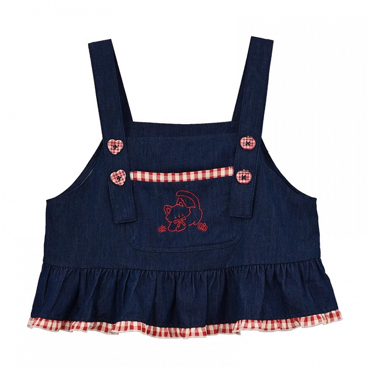 Red Plaid Hem Kitty Embroidery Buttons Heart Blue Sleeveless Top