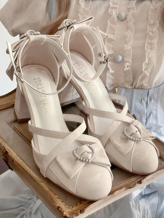 Style in with PU Bows Heels Beige Heart Lolita Leather Block High Beaded