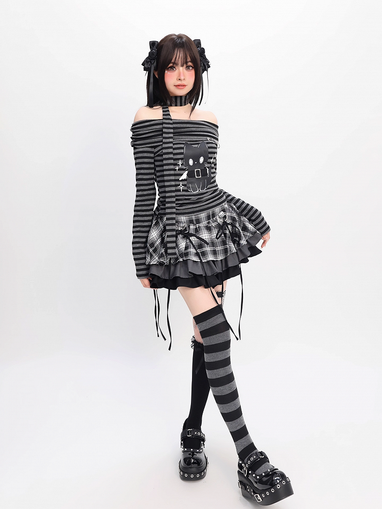 Gray Striped Top Neckline Black and Scarf with Bittersweet Kitten Print Off-the-shoulder