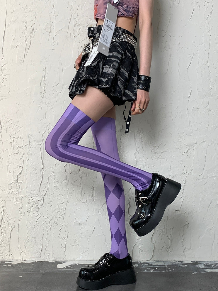 And Striped Asymmetrical Diamond Design Y2K Stockings Overknee Purple Pattern