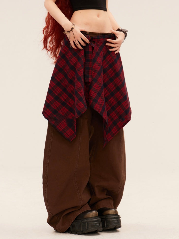 Rise Vintage Gray/Brown Dark with Plaid Waist Accessory Wide-leg Pants Low