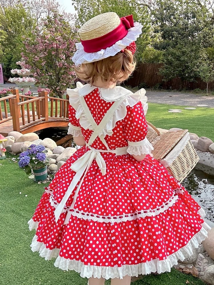 Collar Old Peter Maid White Strawberry Polka Bow Dots Lolita Pan Big Apron + Red School Dress