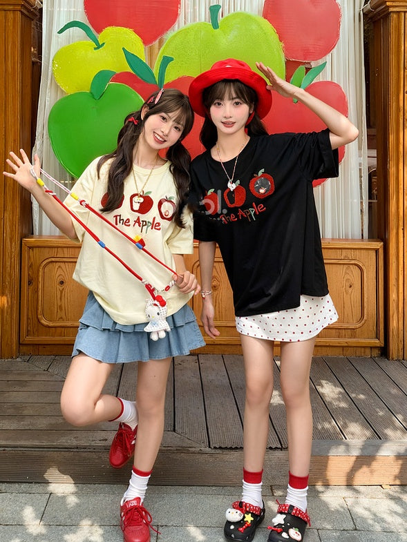 T-Shirt Apricot/Black Round Neck Apple Embroidery Loose