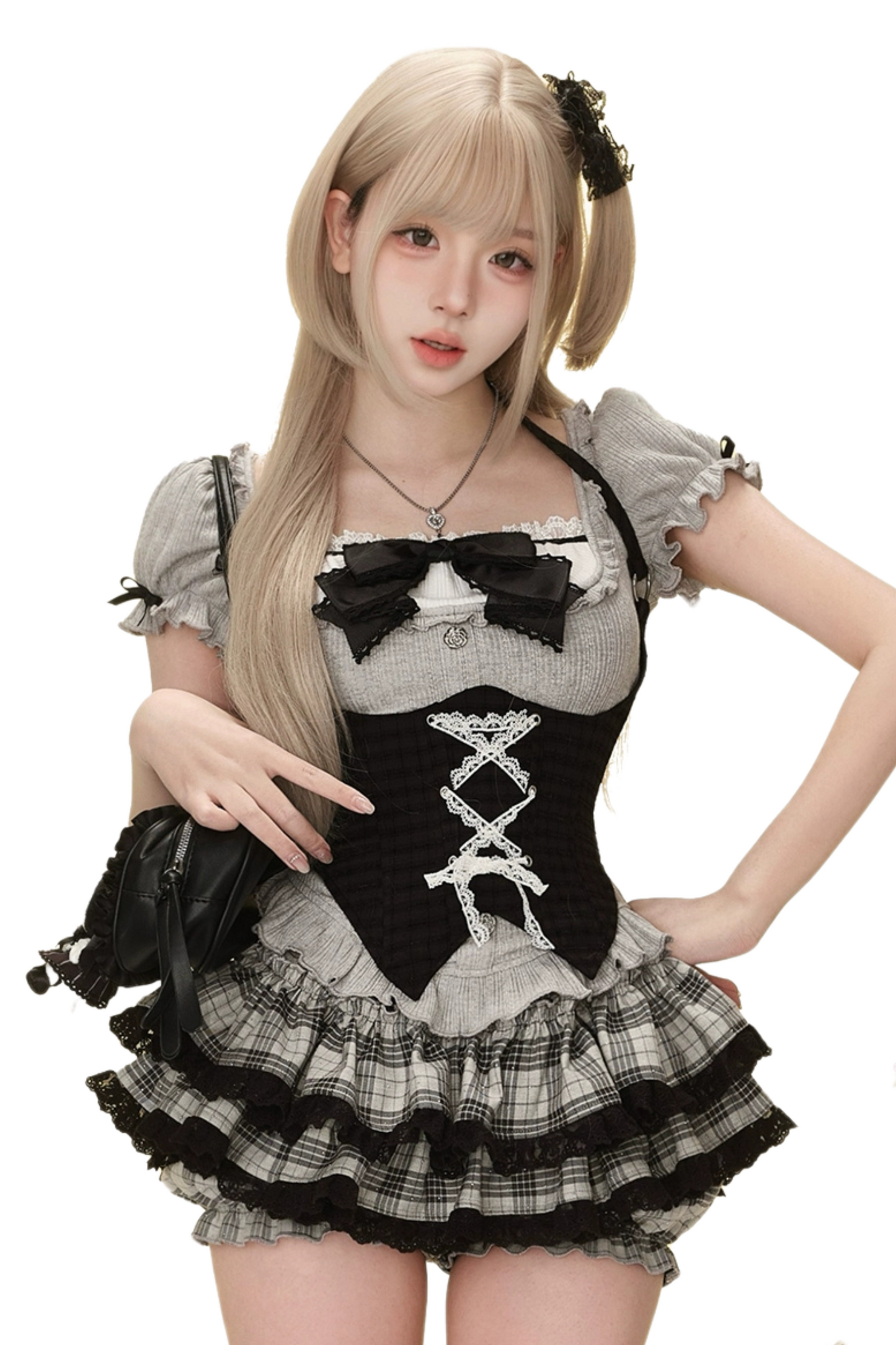 Skirt Secret Cake Belt Plaid Language + Black Top Moonlight Waist
