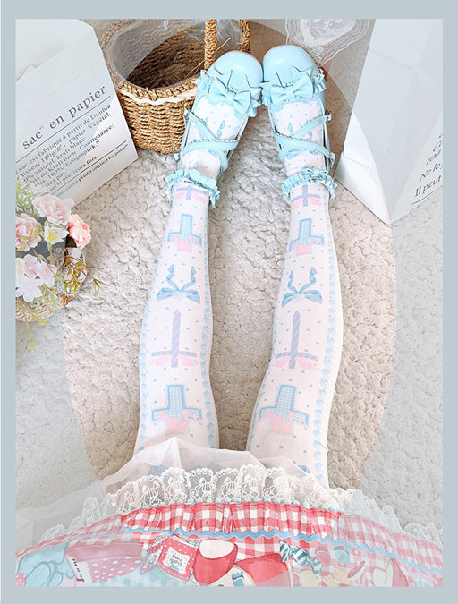 Black/Pink/Blue Sweet Lolita Cross and Bowknot Print Overknee Stockings
