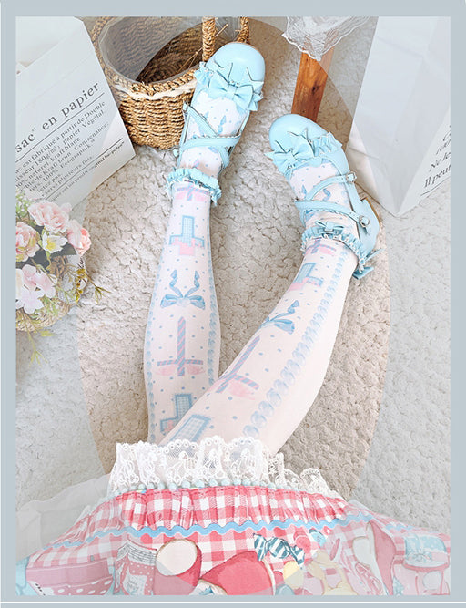 Black/Pink/Blue Sweet Lolita Cross and Bowknot Print Overknee Stockings