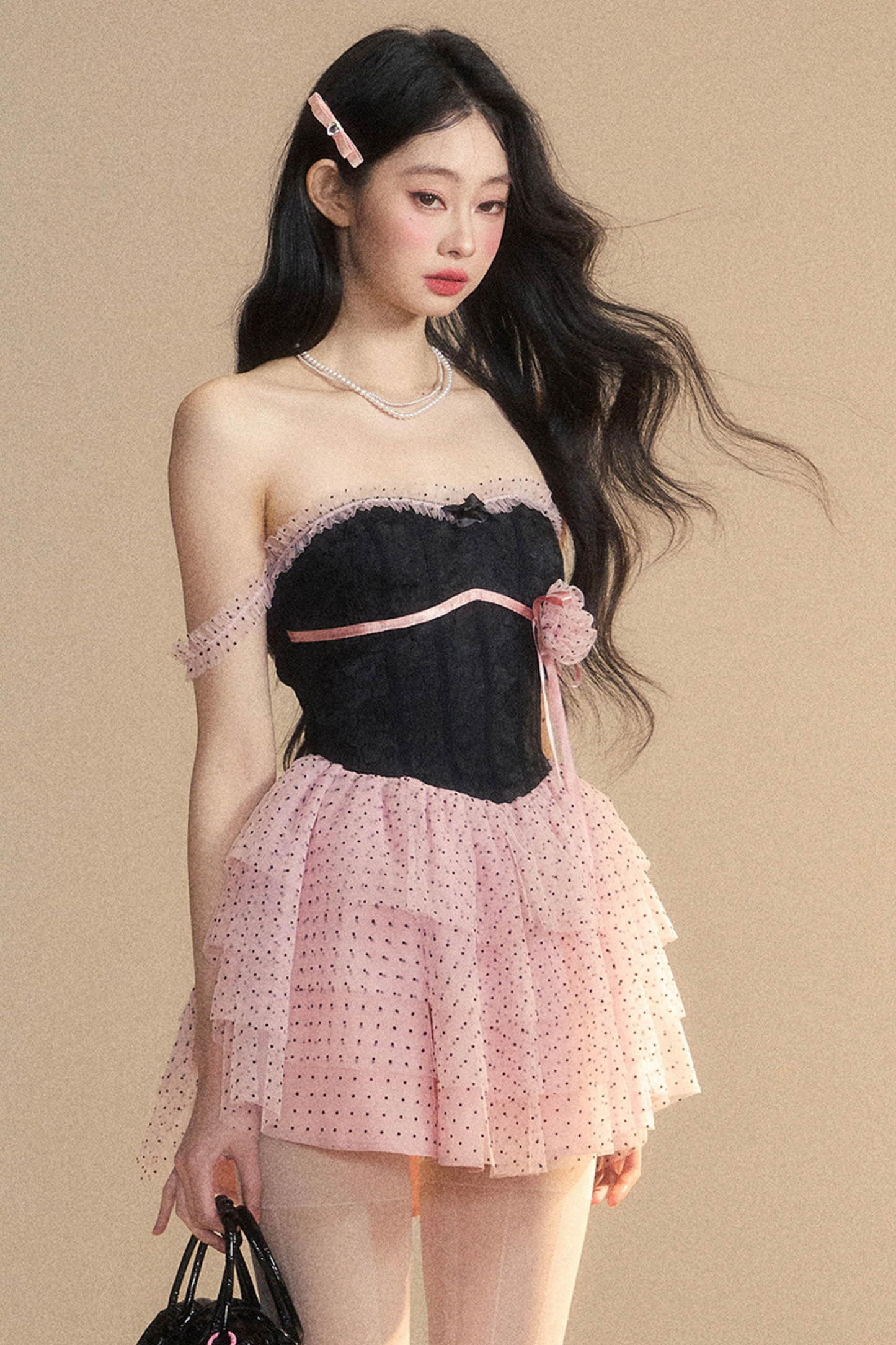 Top Lace Pink Tube Black Dress