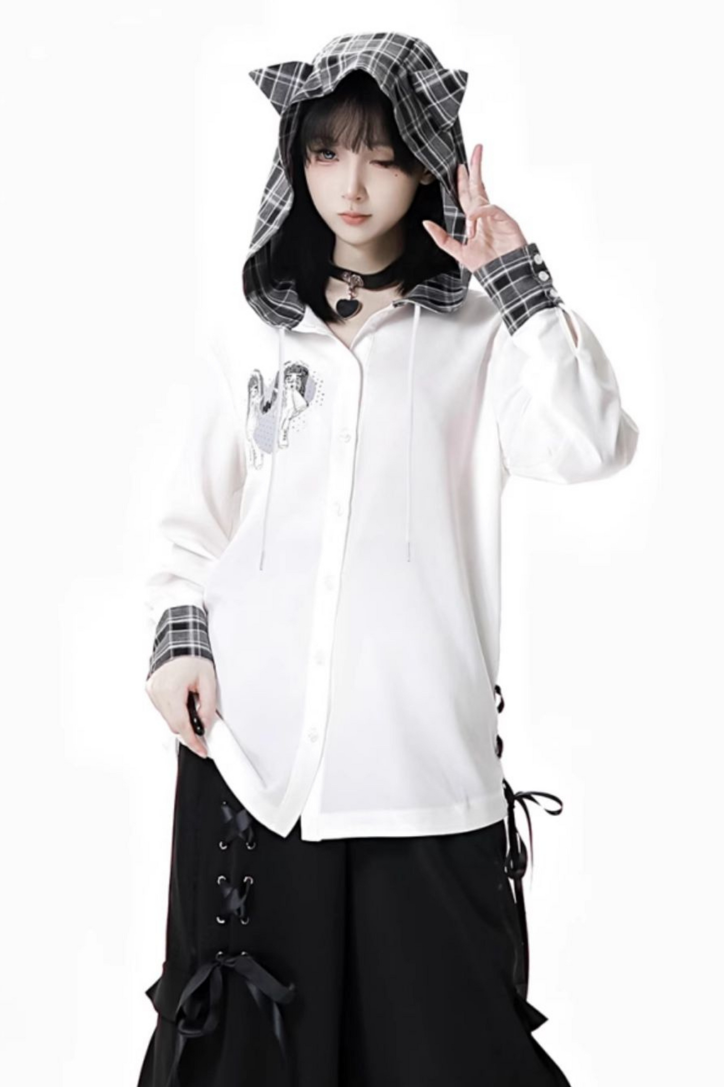 + Half Check Hooded Top Pants Shirt