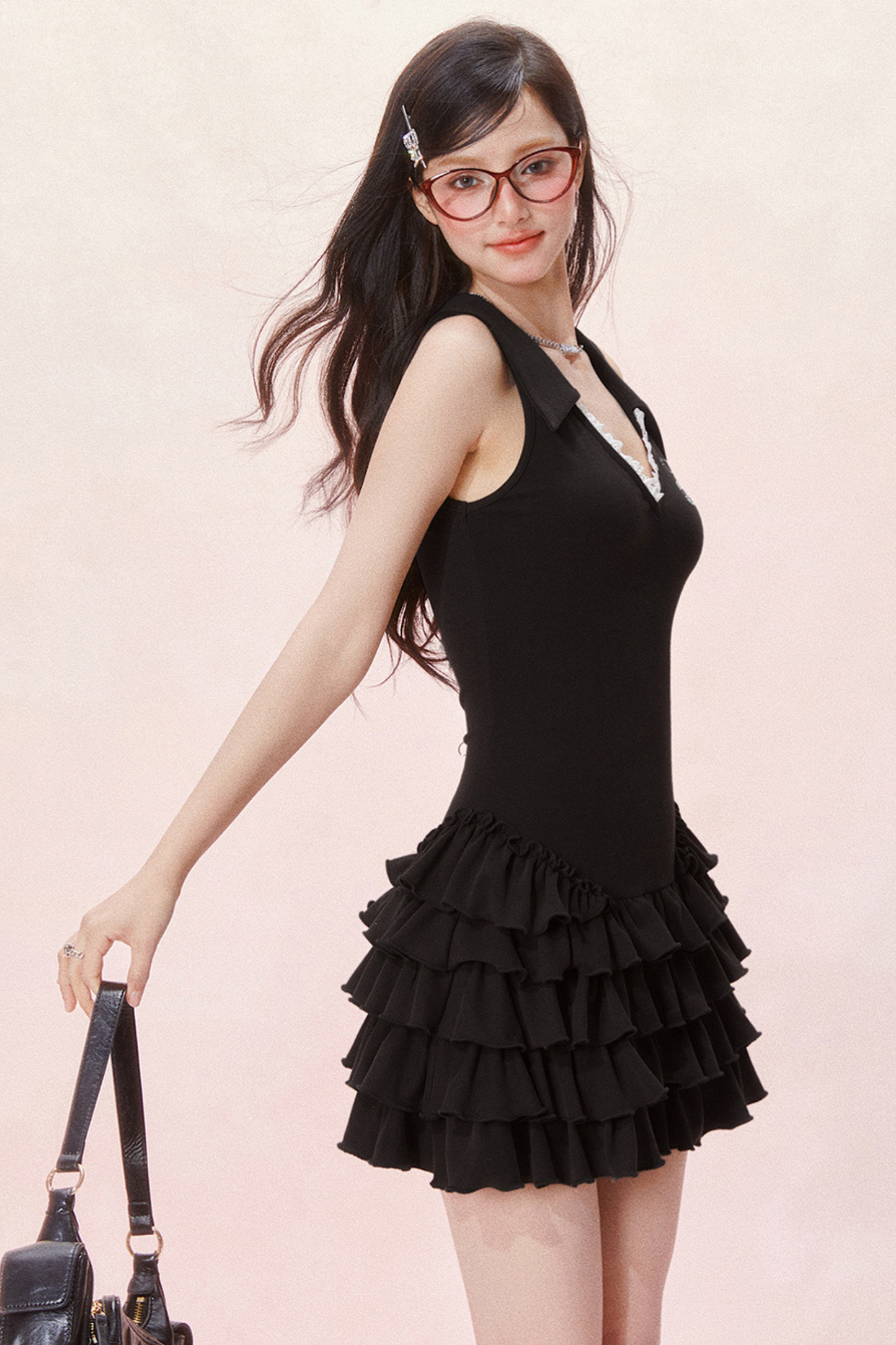 Slim Cake Dress Fit Sleeveless Chic Ruffle V-Neck