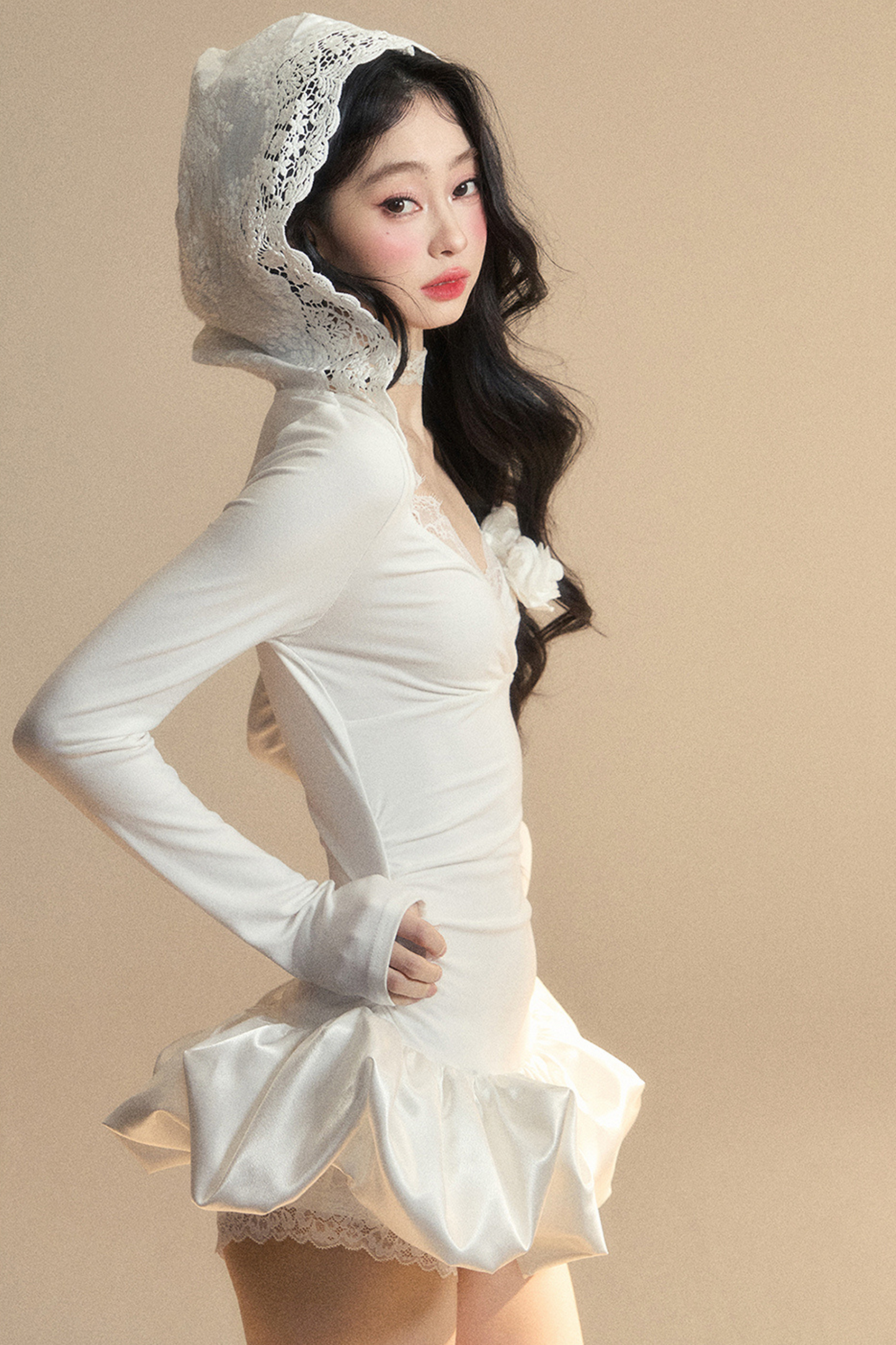 Balloon Short Lace Dress Hooded Ballet Core