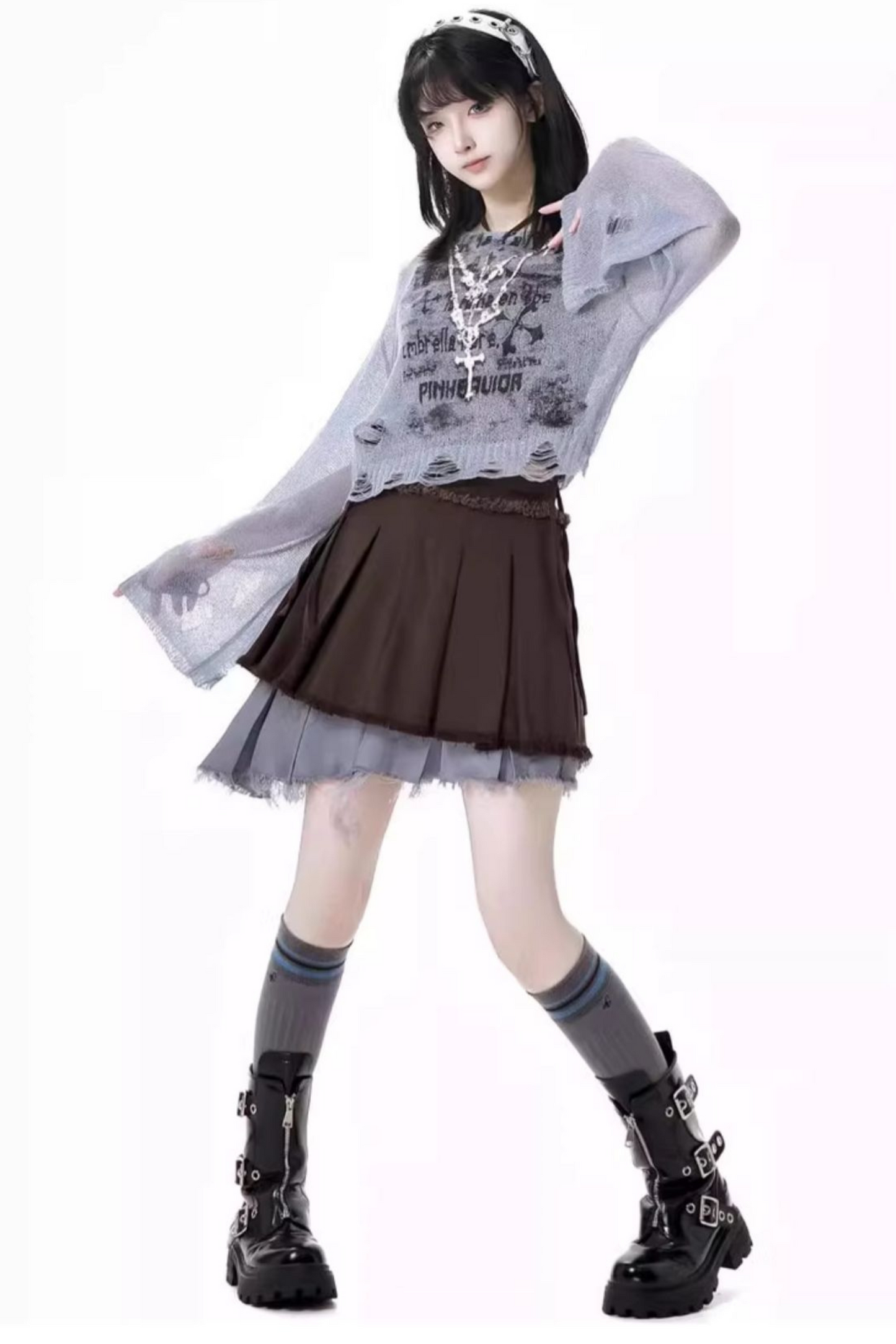 skirt + blue bustier top dark check y2k asymmetrical