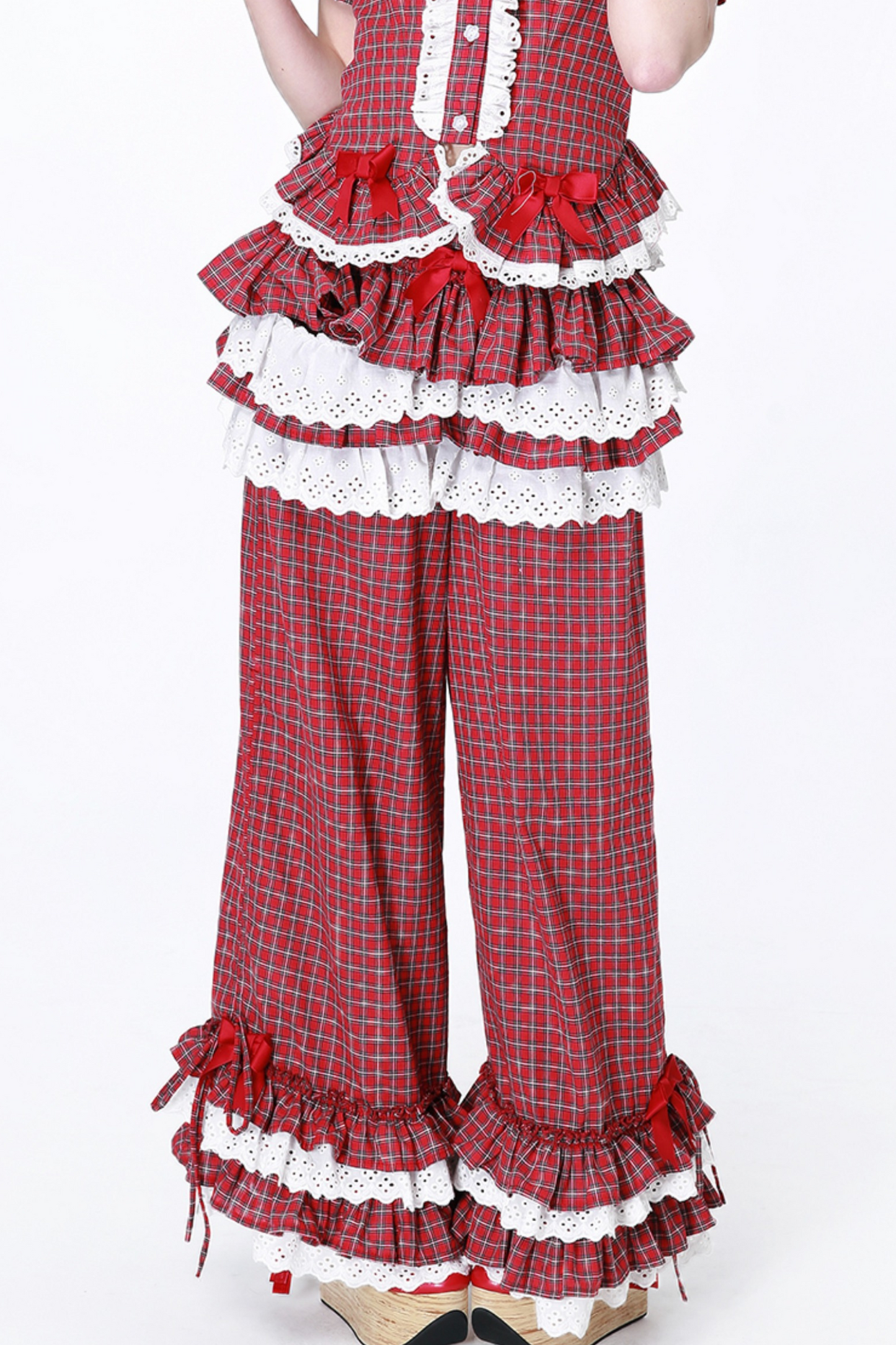 Check Lace Ruffle Retro Long Pants