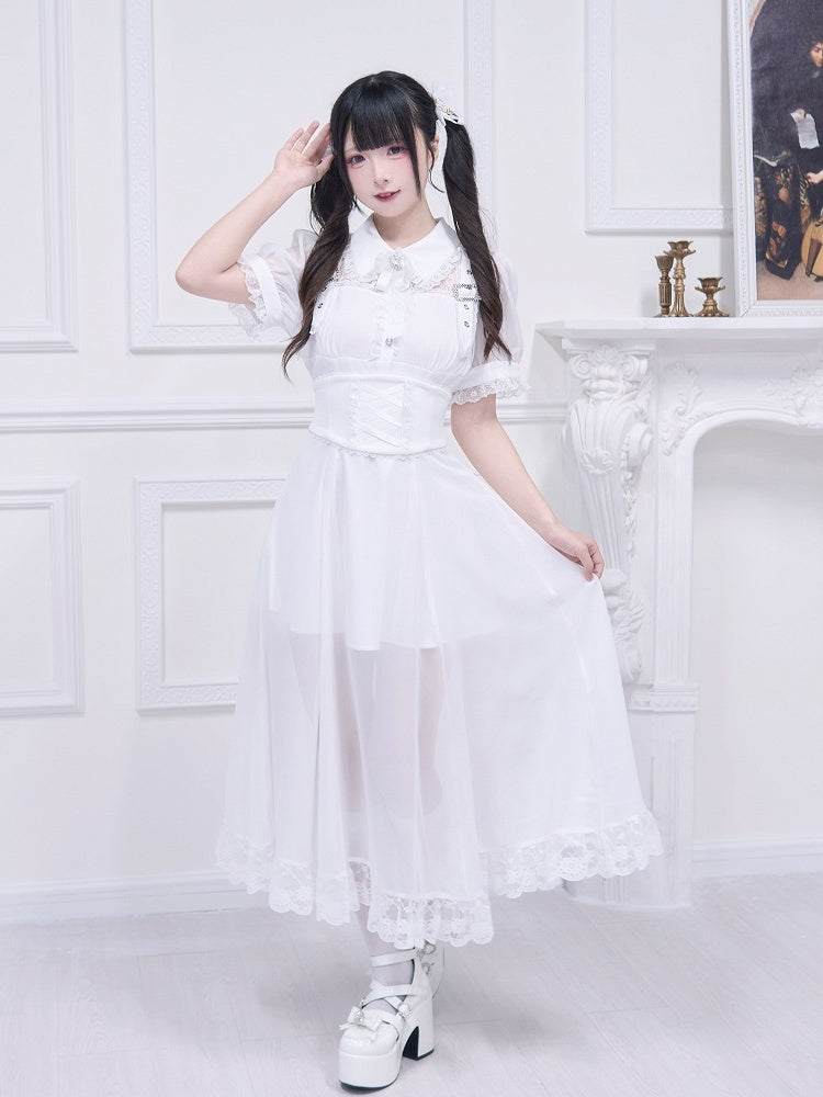 Free Belt Neckline Buckle Jirai Kei White Long Dress Illusion Accents Corset with