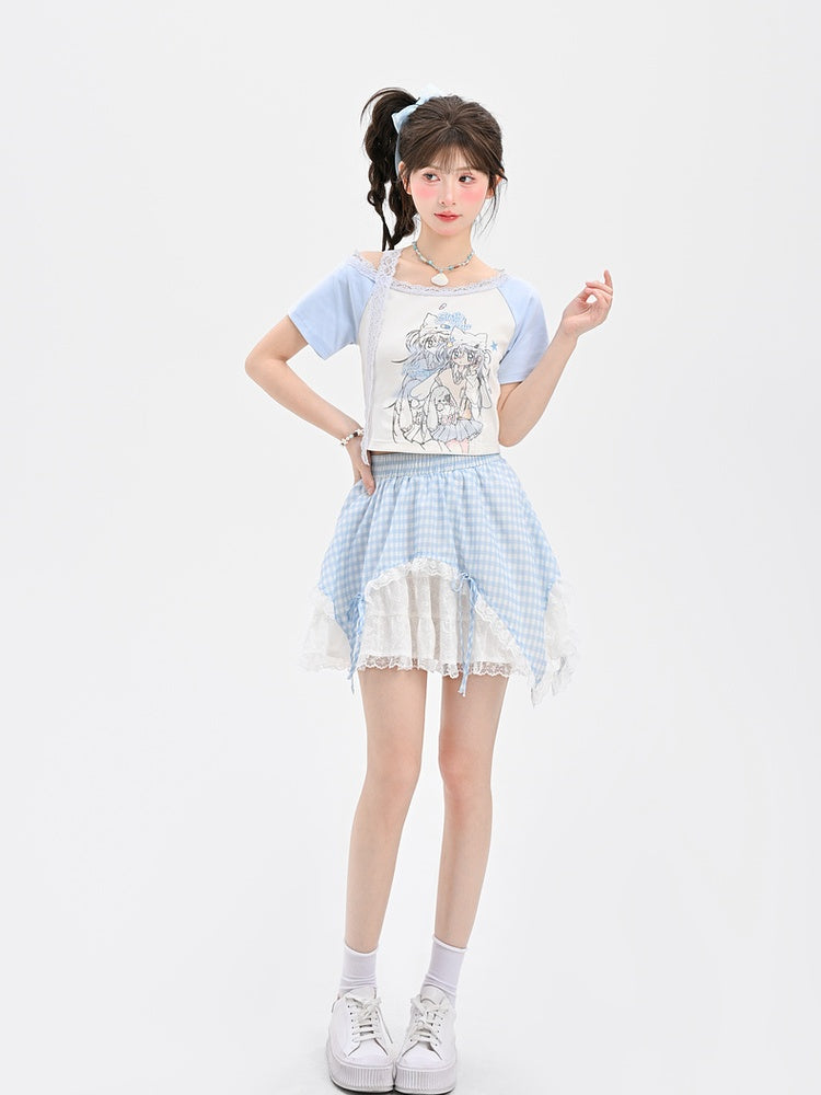 Light Blue Design Anime Girl Print T-Shirt Colorblock Short/Long Version