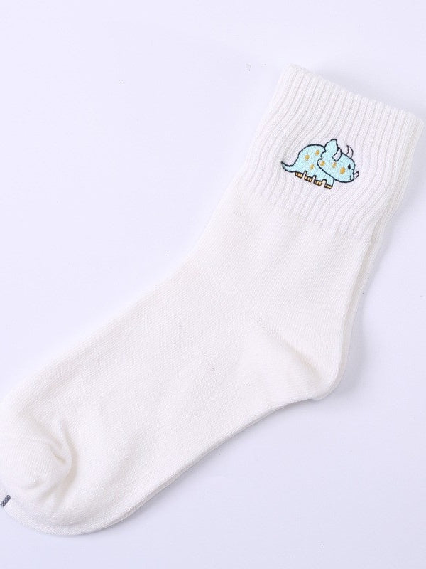 Caramel/White/Black Cute Rhino Embroidered Calf Socks