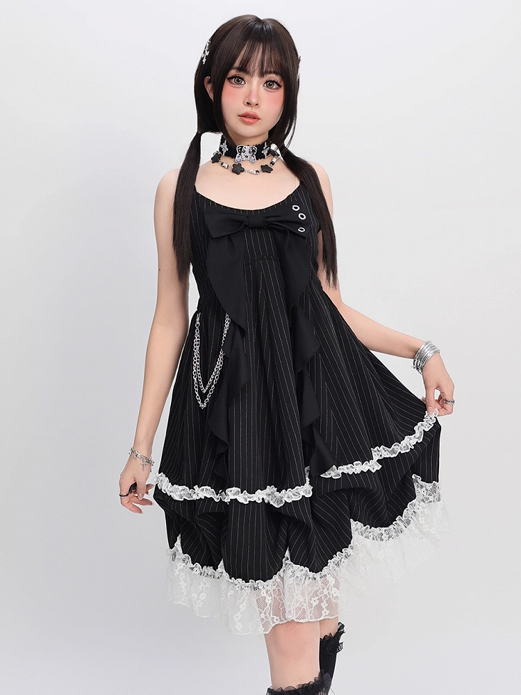 Skirt Cami Dress Big Bow Neckline Black with Striped Waist Detachable Chain Bubble