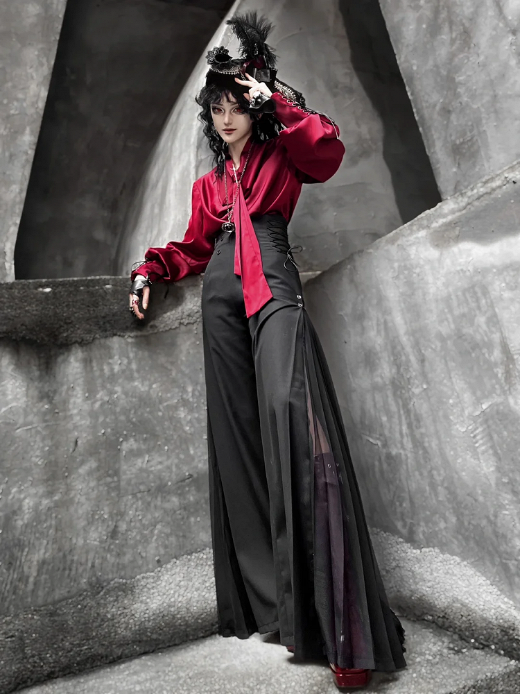 Pleated Ouji Wide-leg Pants High Fashion Chiffon Black Side Panel with Waist