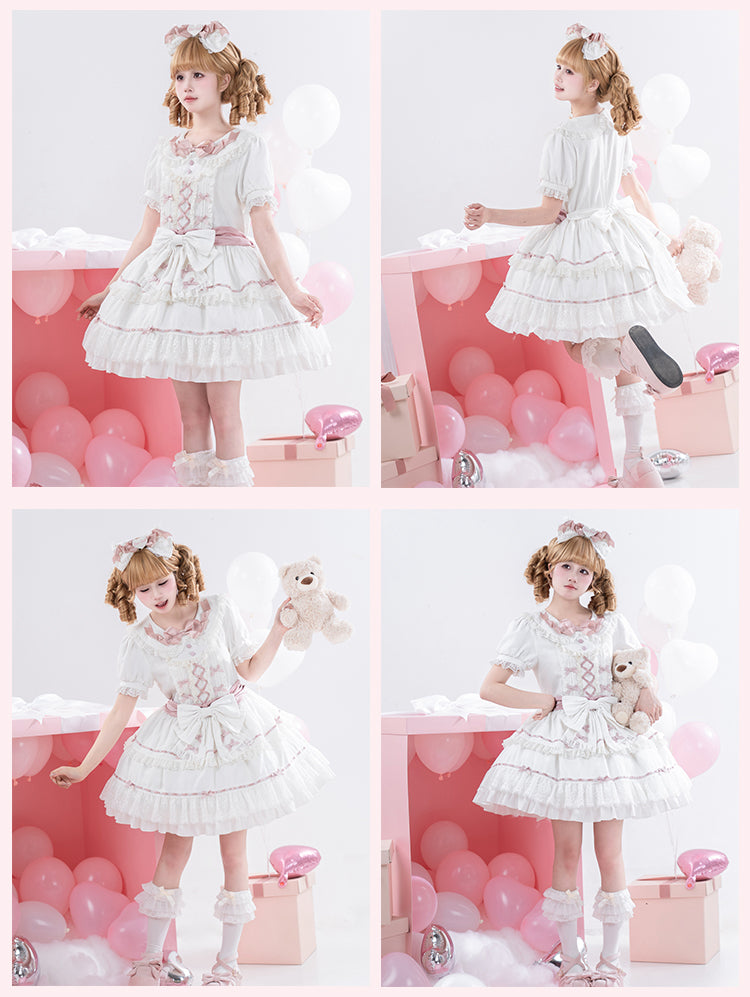 Hime Pink and Peter Pan Collar Tiered Skirt Balletcore Lolita Dress White OP