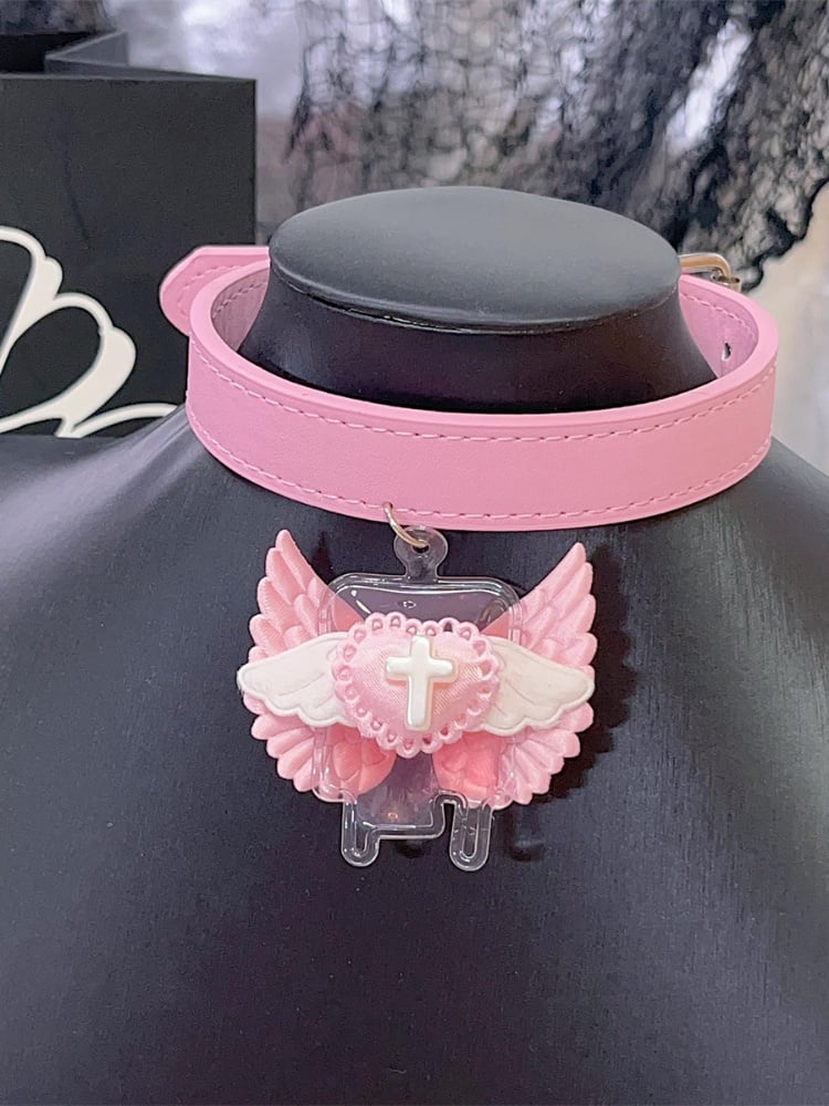 Blau/Rosa Jirai Kei Engelsflügel mit Kreuz-Halsband