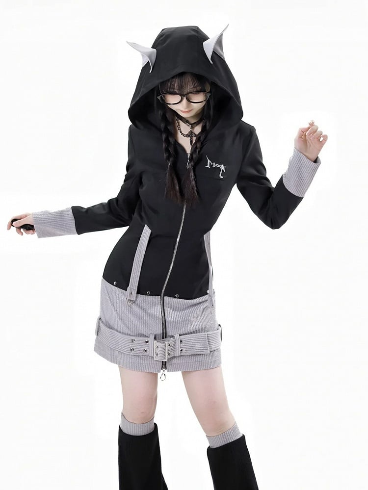 Black Strap and Design Hood Colorblock Wolf Ears Buckle Zip Closure Dress Gray Knit