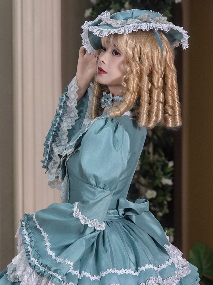 Türkisgrünes Lolita-Kleid mit Stufenrock und langen Ärmeln