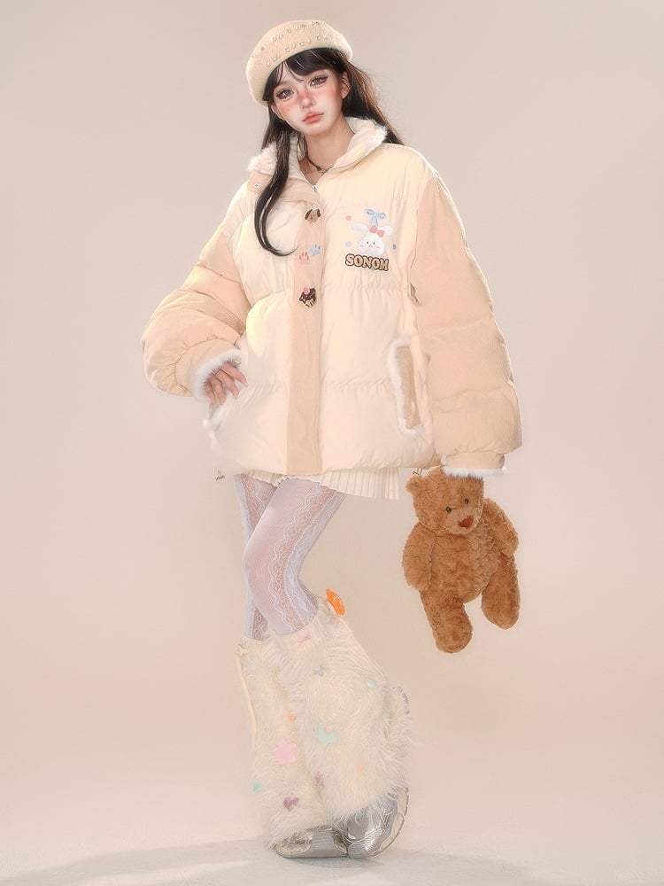Creamy Yellow Cute Bunny Plush Trim Puffer Jacket