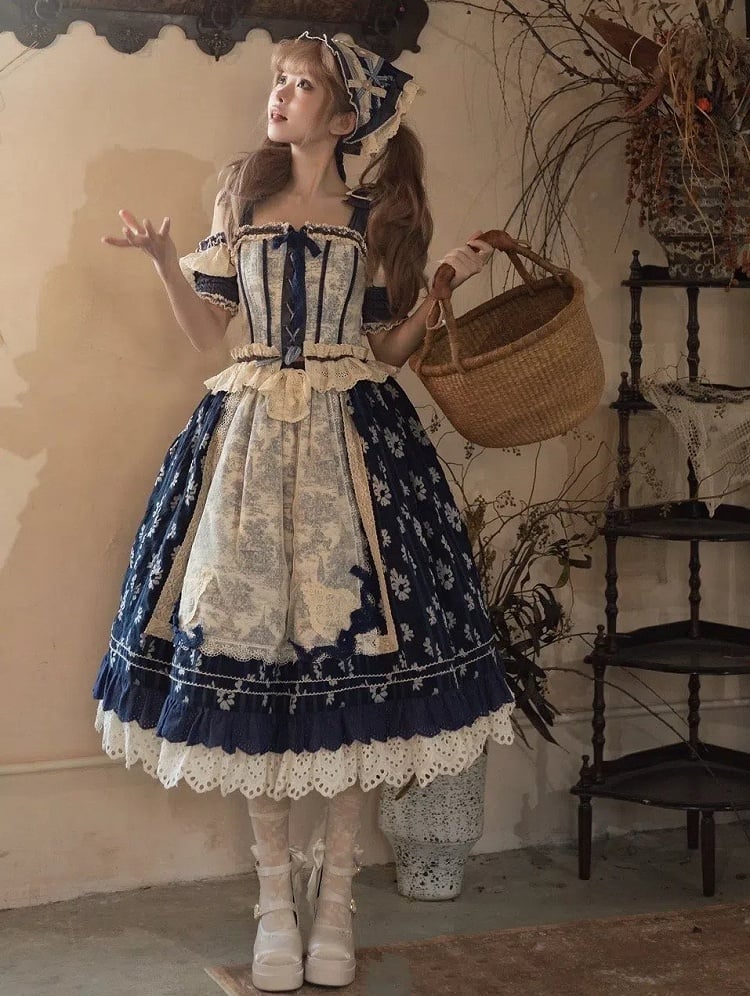 Blue Open Shoulders Cabins Corset Top + Dark Blue Floral Print Lolita Skirt
