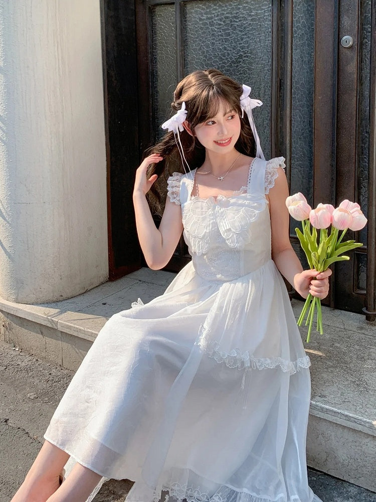 Mesh Overlay Detail with Sweet Dress White Flutter Sleeves Butterfly Neckline
