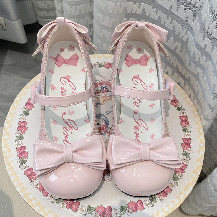Rosa Lolita Mary Janes mit Schleife und runder Spitze, 3,5 cm Blockabsatz