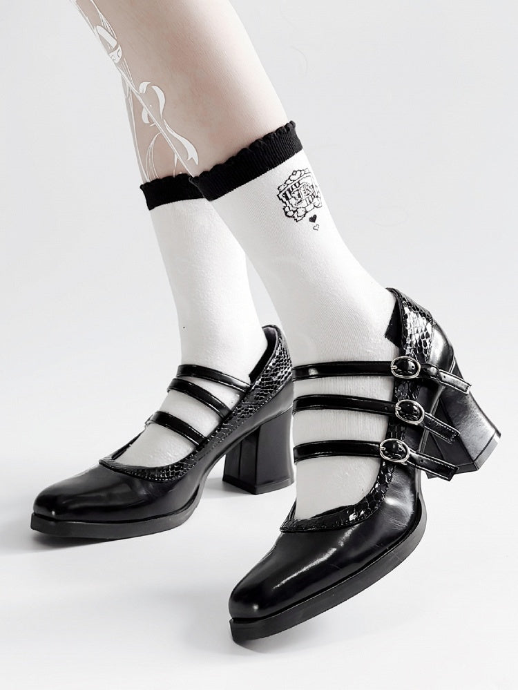 Snakeskin Gothic Lolita Black 6.5cm Buckles Block 3 Pattern with Heels