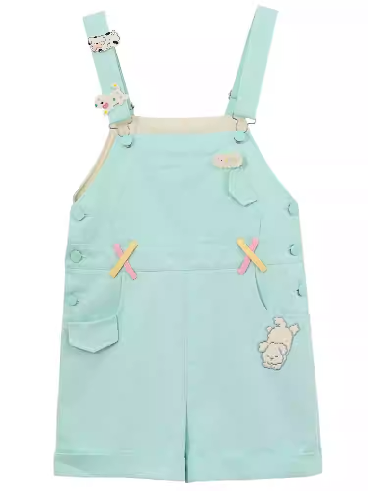 Shorts Overall Mint Green Cartoon Puppy Embroidery Straight-leg Cut