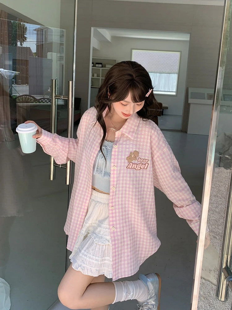 Pink Loose Plaid Shirt Adorable Bear Embroidery