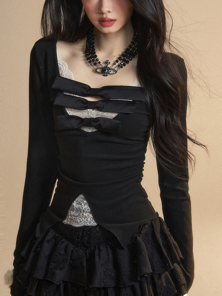 Lace Patches Glamorous Detail Contrast White Bowknots V-neck Black Knitted Top
