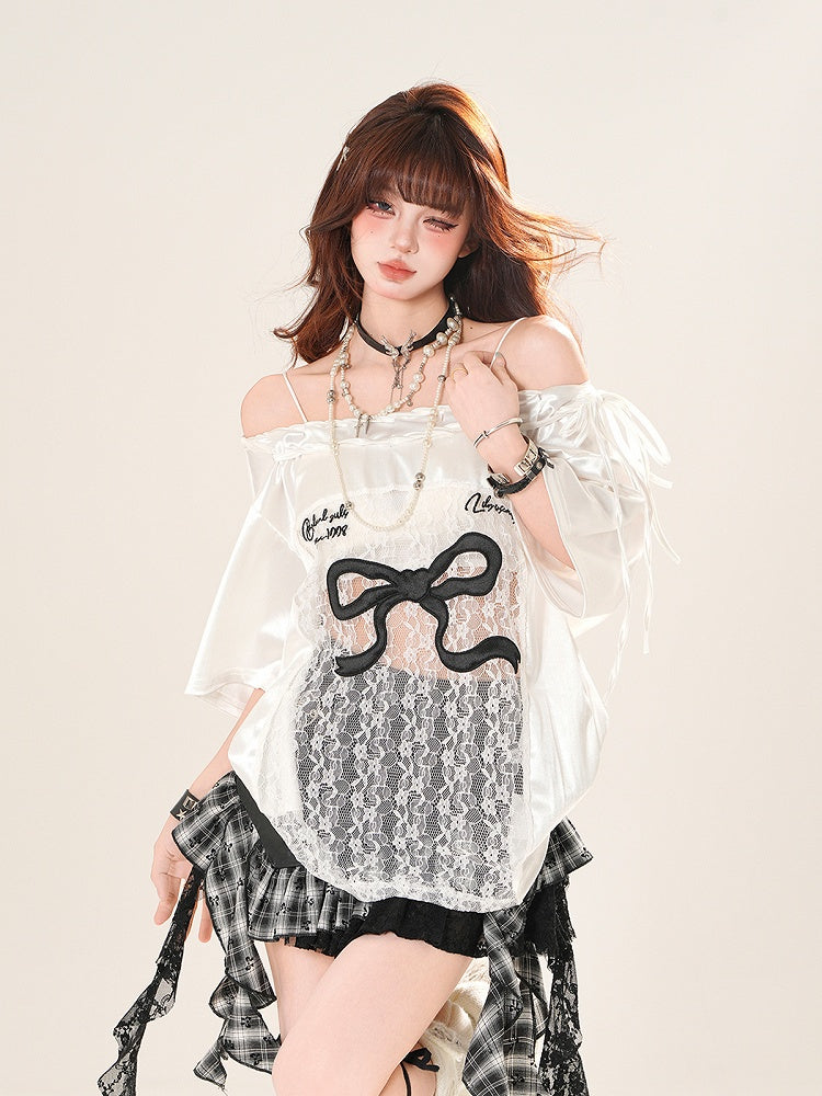 Black/White Big Off-the-shoulder T-shirt Lace Bow Patches Print Waist