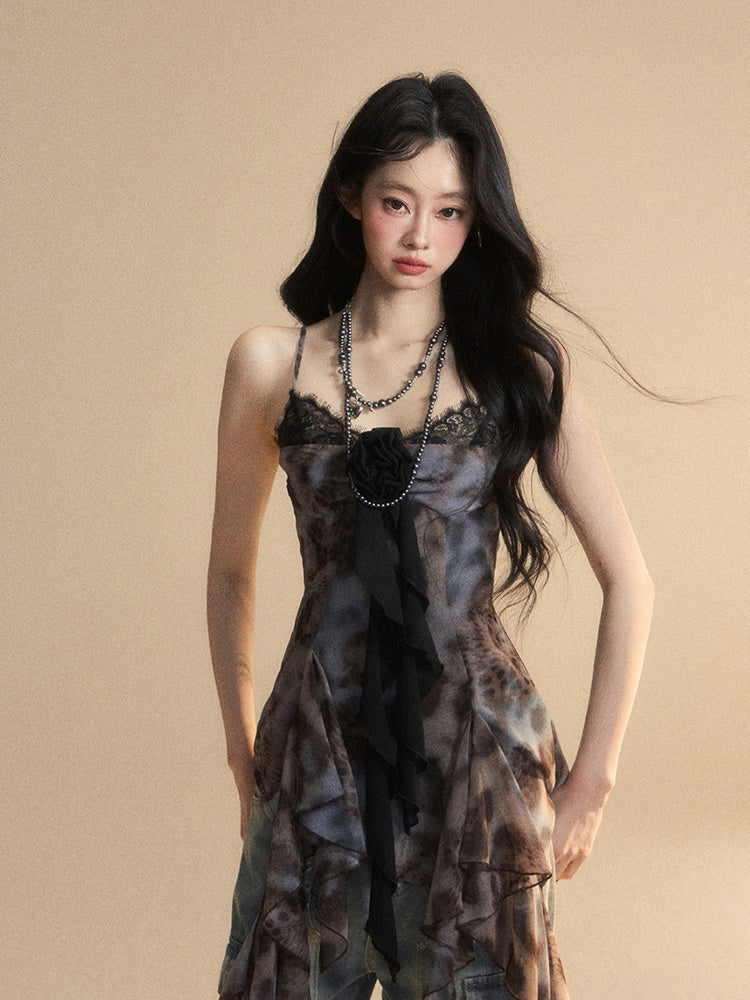 Black Asymmetrical Flounce Hem Floral Embellished Glamorous Cami Top