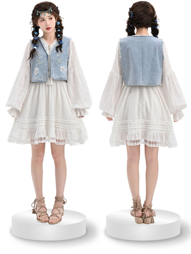 Blue Denim Vest Wash Distressed Embroidery Faded Floral
