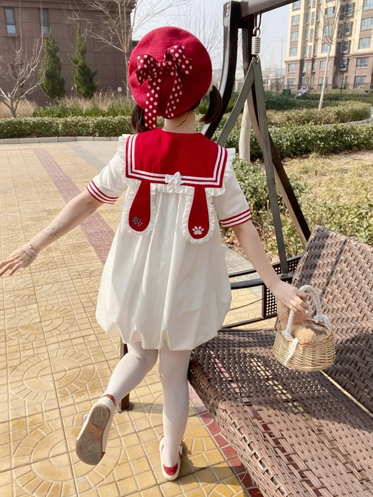 Pink/Red Bubble Adorable Bunny Ear Design Ruffled Sailor Collar Skirt Dress