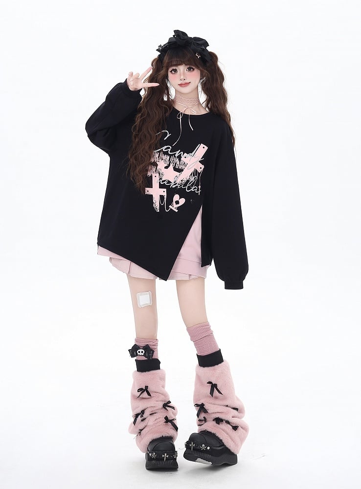 Pink/Black Cross Side-Slit Sweatshirt with Big Bow at Back