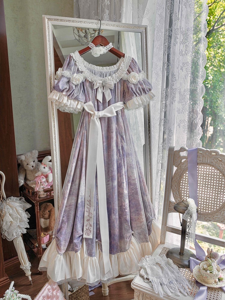 Classic Empire Maxi Piece Purple Lolita Oil One Elegant Waist Painting Dress Print