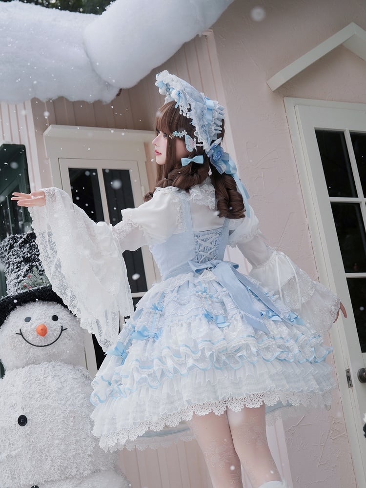 Blauer Hanayome Bowknots Lagenrock Sweet Hime Lolita Pulloverrock-Set