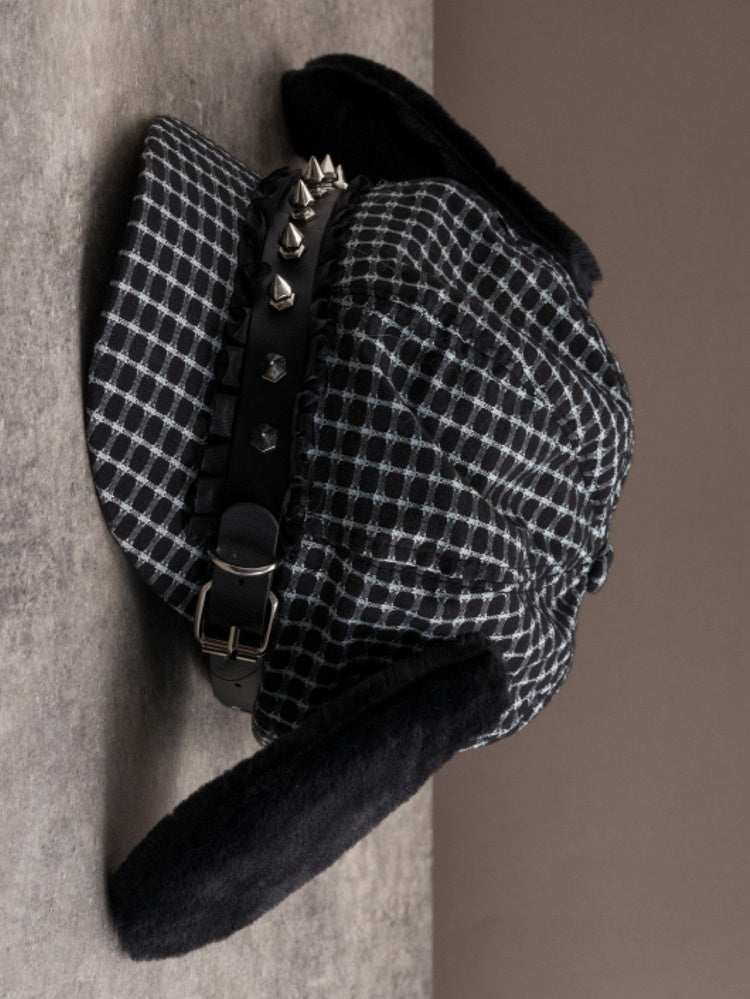 Verzierte Welpen Baskenmütze Hut Nieten Design Plüsch Ohr Schnalle Schwarz Gothic