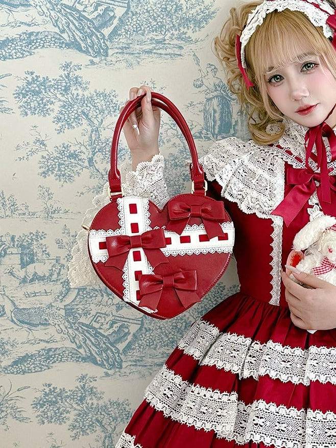 Lolita-style Cross Linear Details Bowknot with and Hand Design Abstract Red Bag Heart-shaped