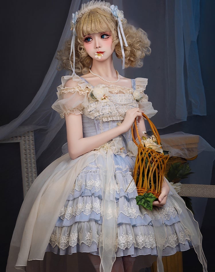 Accents Jacquard Blue Rosette Tiered Balletcore Sweet Lolita Dress Jumper Skirt Fabric