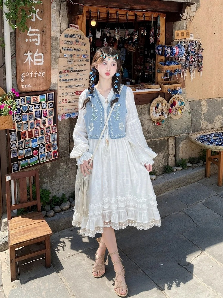 バージョン ホワイト Vネック レーストリム ドレス タッセル ドローストリングデザイン レギュラー/ロング