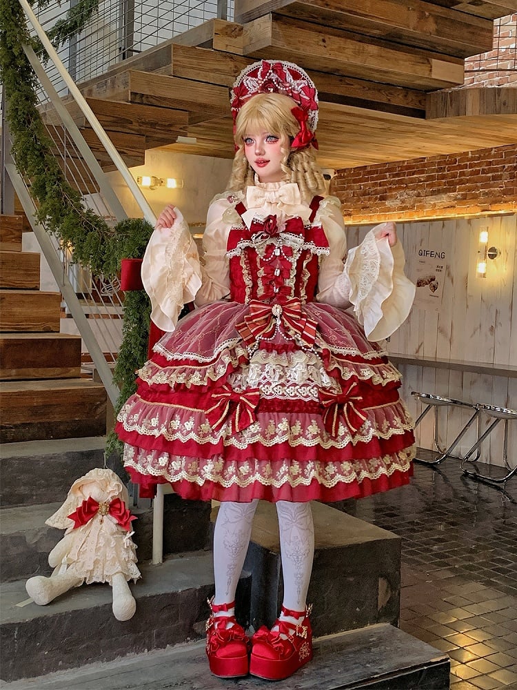 Dress Chain Red Gorgeous Bead Princess Neckline Lolita Flower Bow
