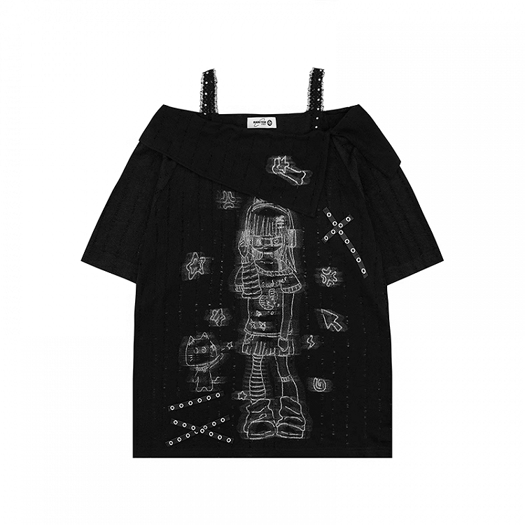 Apricot/Black Off-the-shoulder Criss-Cross Straps Cartoon Girl Print Coverup