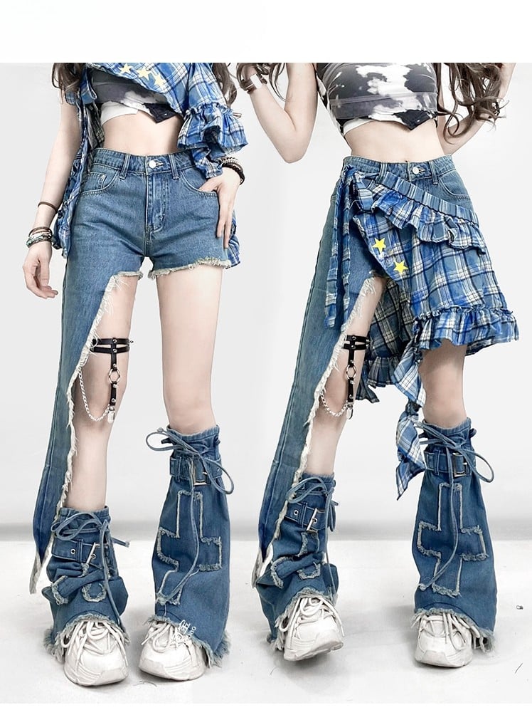 Warmers + Blue Print Hem Shorts Glamorous Pattern Bittersweet Asymmetrical Star Set- Plaid Applique Skirt Leg Cross