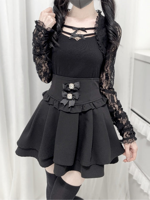 Jirai Kei Black/White Bowknots Neckline Lace Sleeves Top