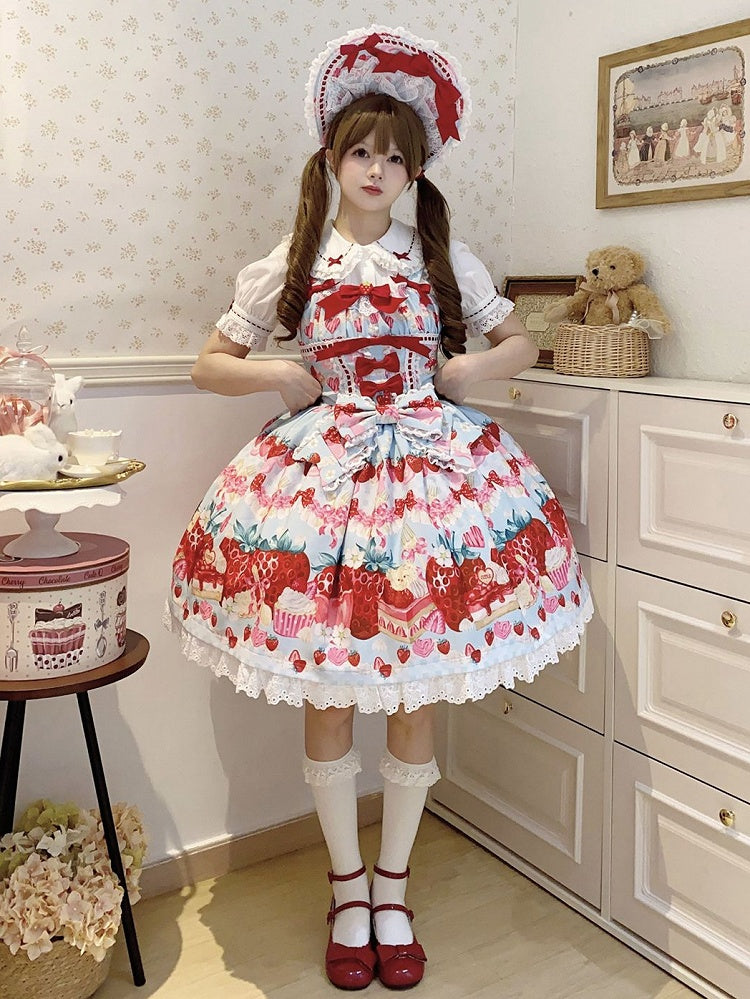 Lolita Blue Strawberry Sweet Dessert and Print Dress