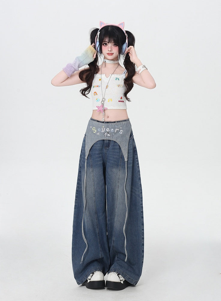 Blue Low Waist Wide-leg Jeans with Letter Embroidery